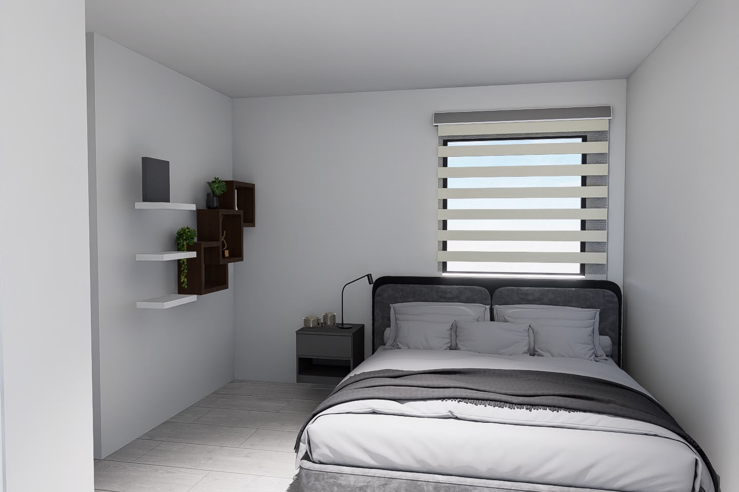 Minimal bedroom with floating shelves 3D render