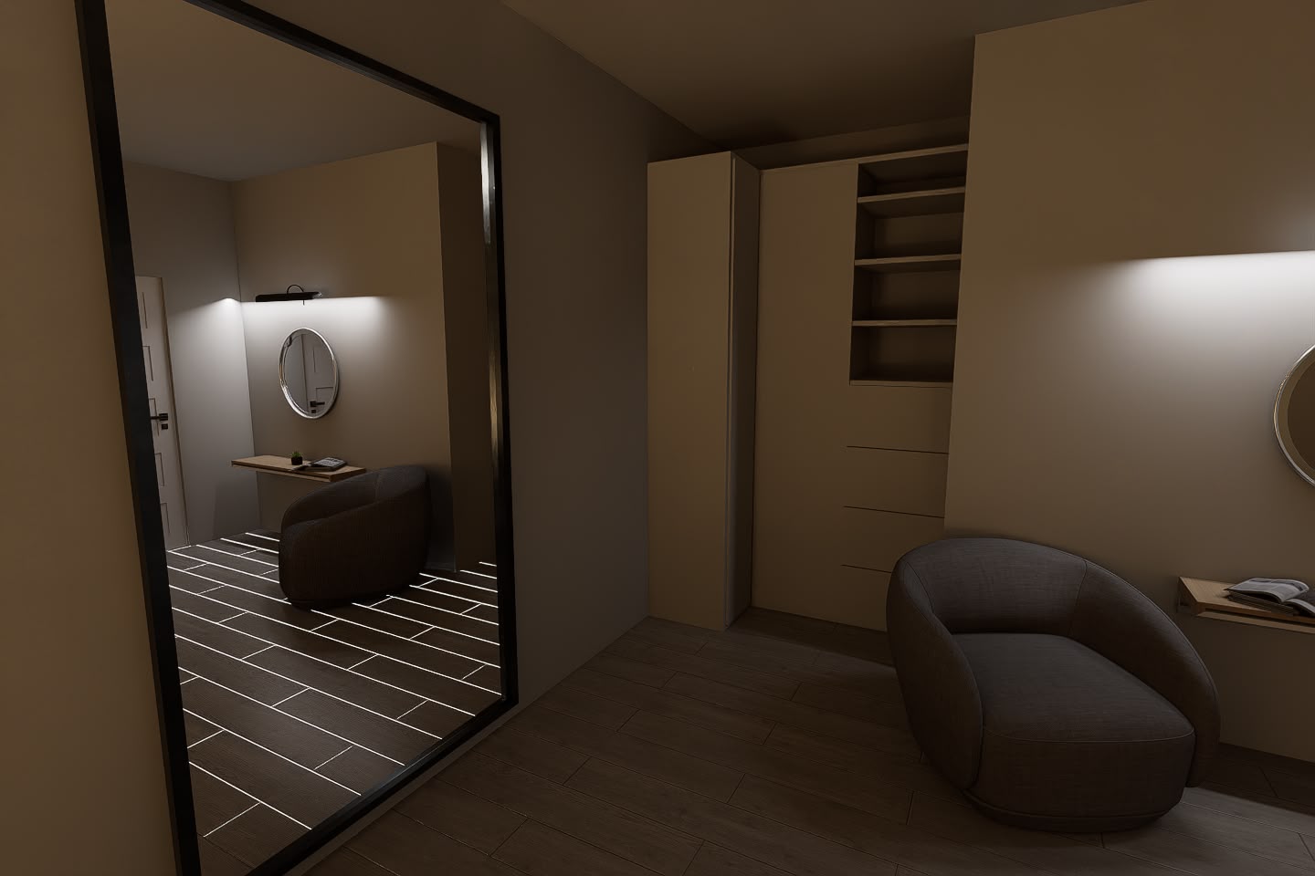 Dressing room with vanity and armchairs 3D render
