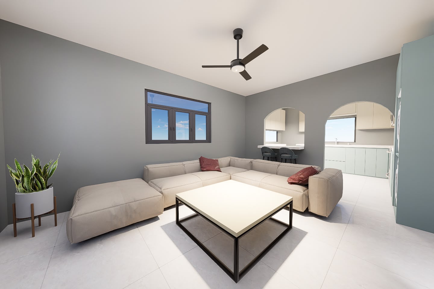 Open plan living and kitchen 3D render