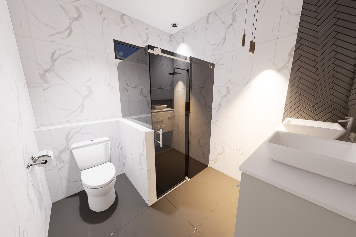 Marble bathroom with black herringbone accent wall 3D render