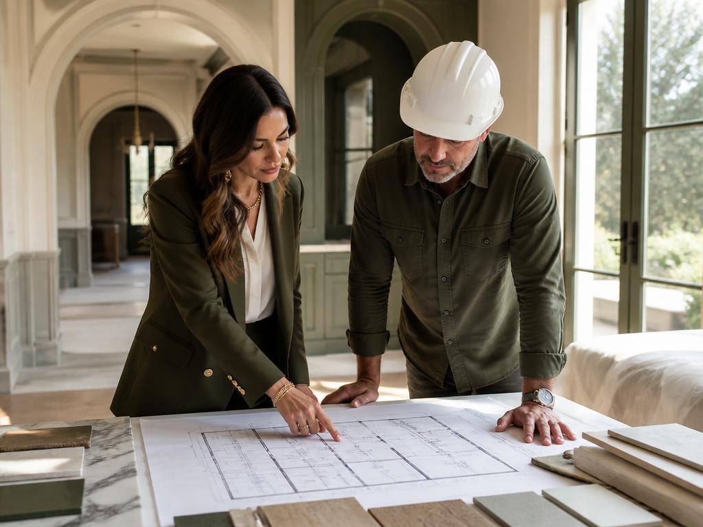 Designer and contractors reviewing blueprints on site