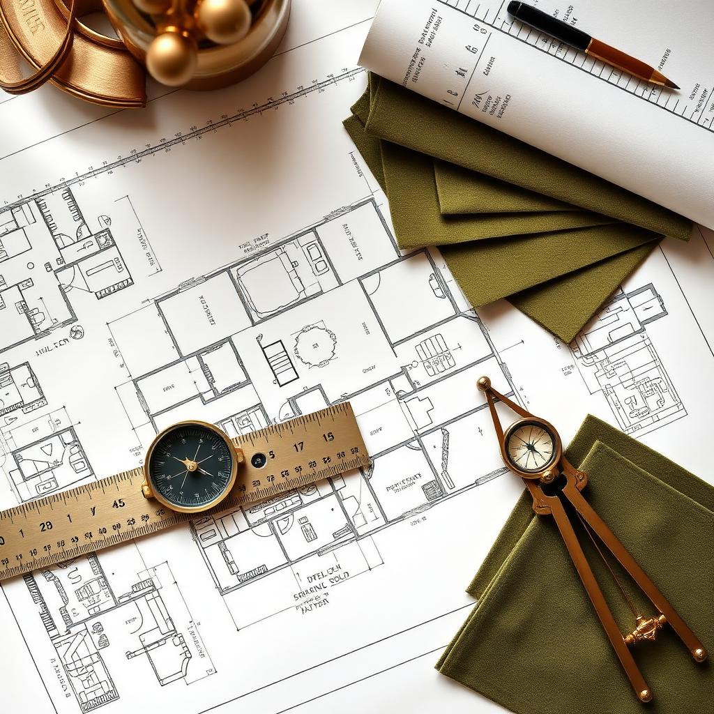 Floor plan with fabric swatches and drafting tools