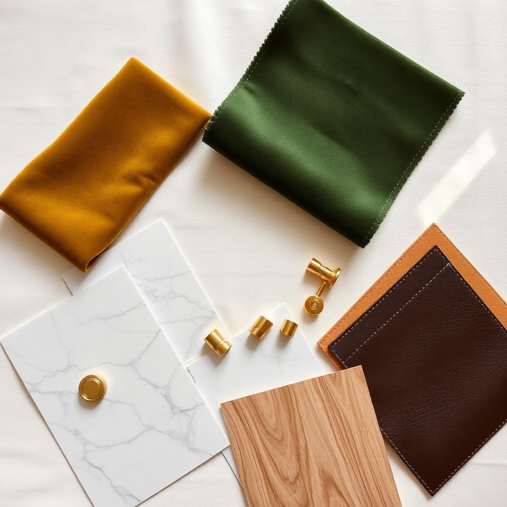 Curated material and fabric swatches flat lay