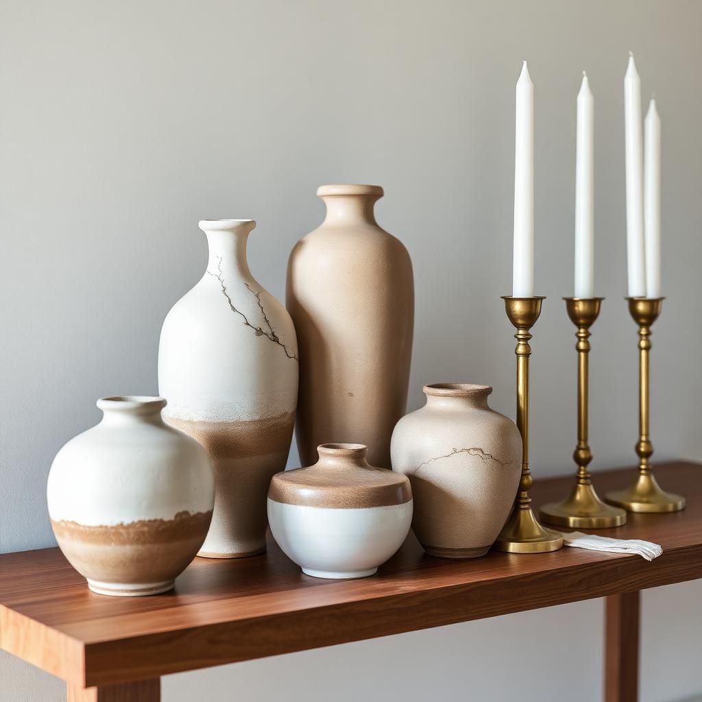 Handcrafted ceramic vessels on walnut console