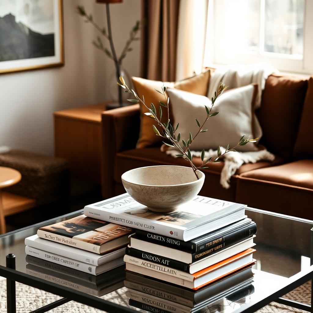Styled living room vignette with olive branches and art books