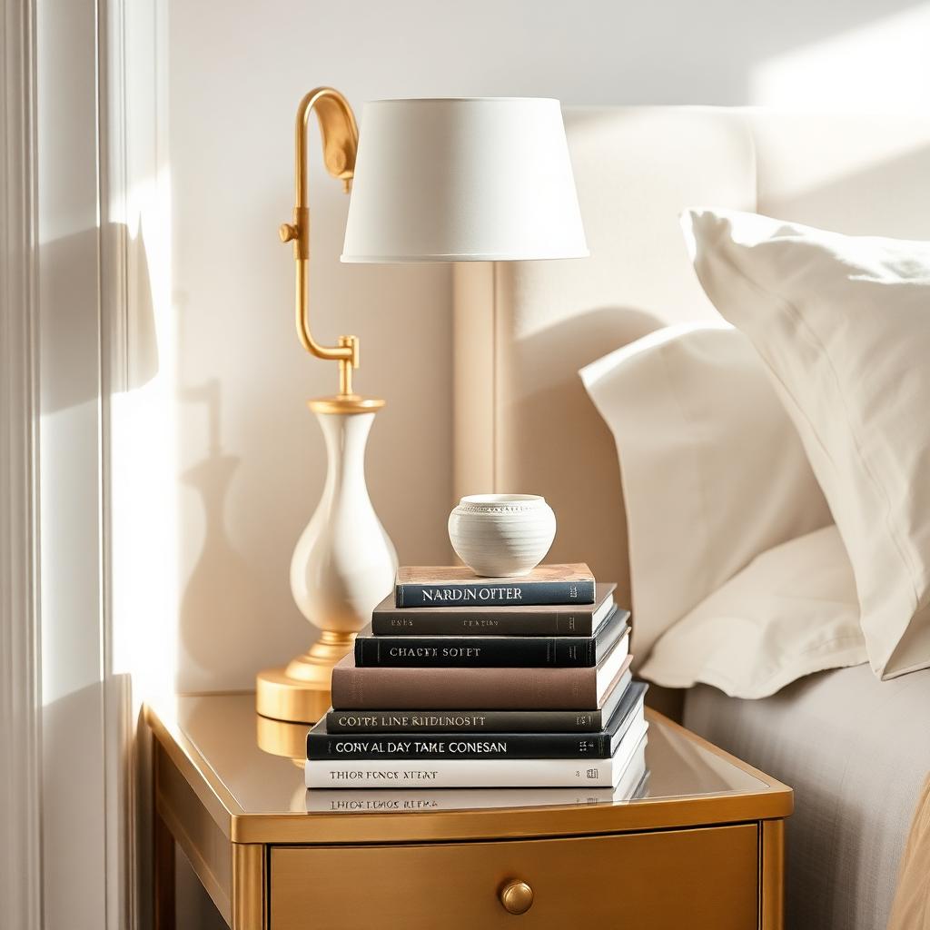 Styled bedside table with brass lamp and books