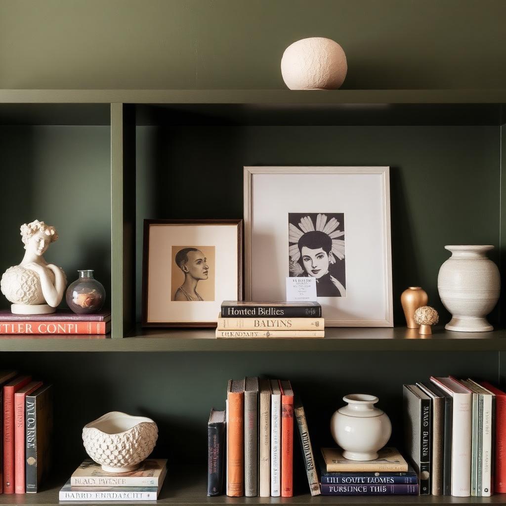 Curated bookshelf with sculptural objects