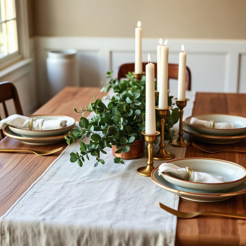 Styled dining table with candles and eucalyptus